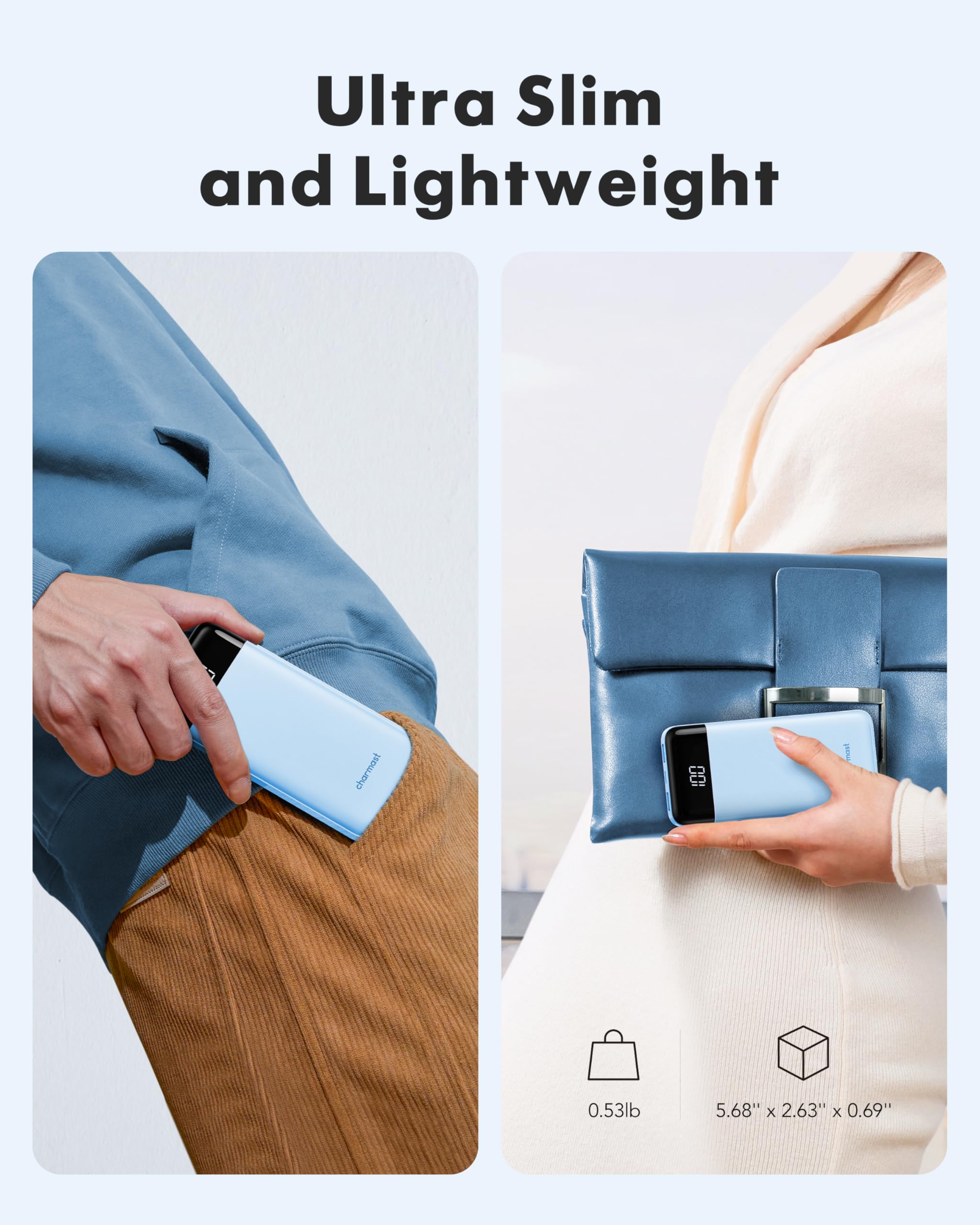 Charmast slim power bank with LED display showing battery level