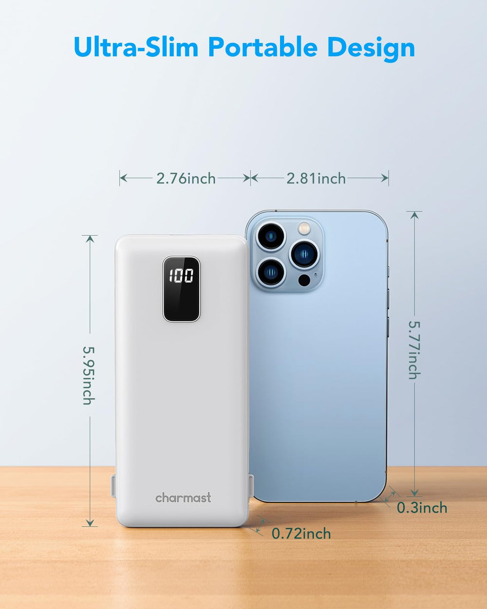 Charmast slim-profile power bank designed for portable use.