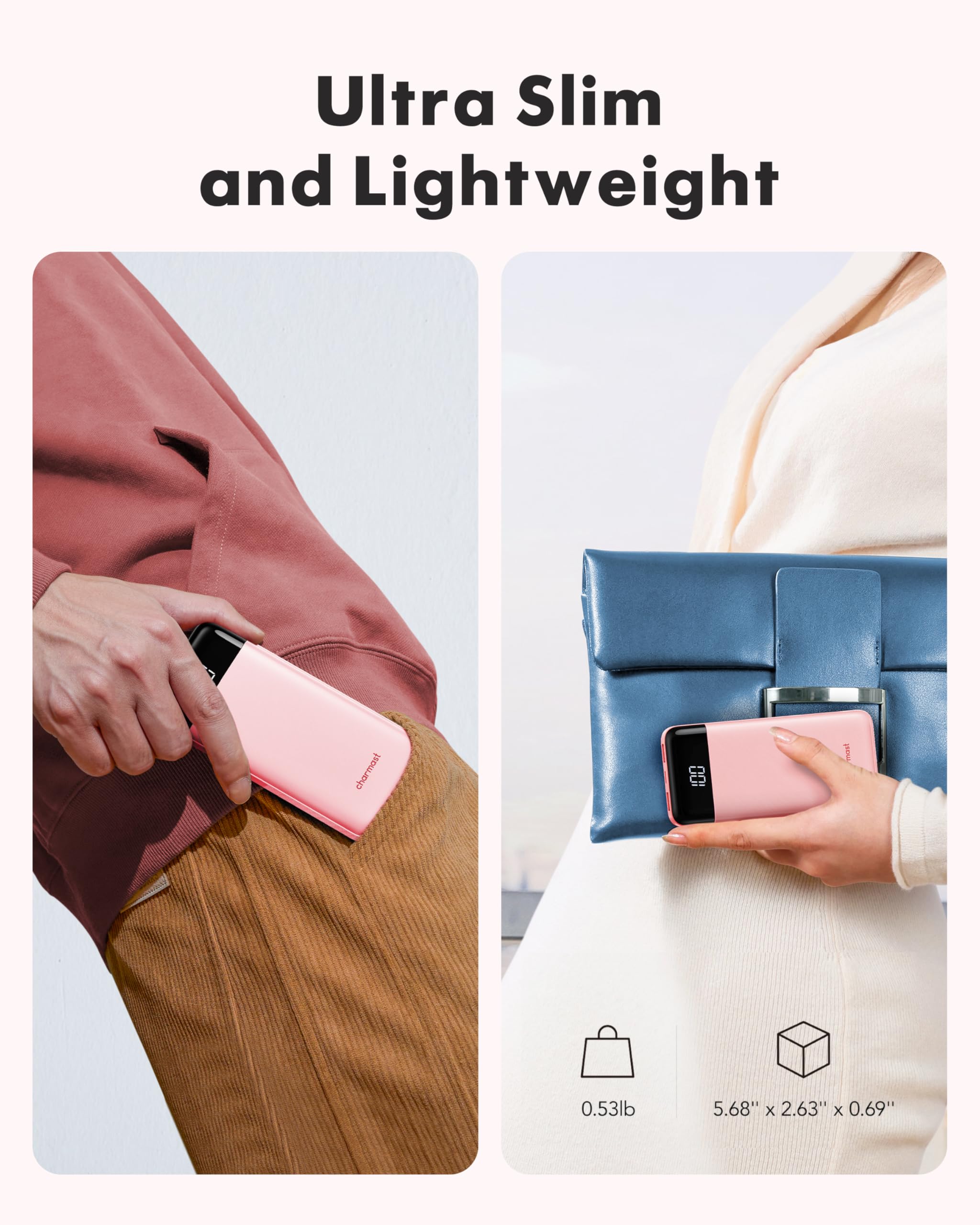 Charmast slim-travel-charger fits in pockets and bags.