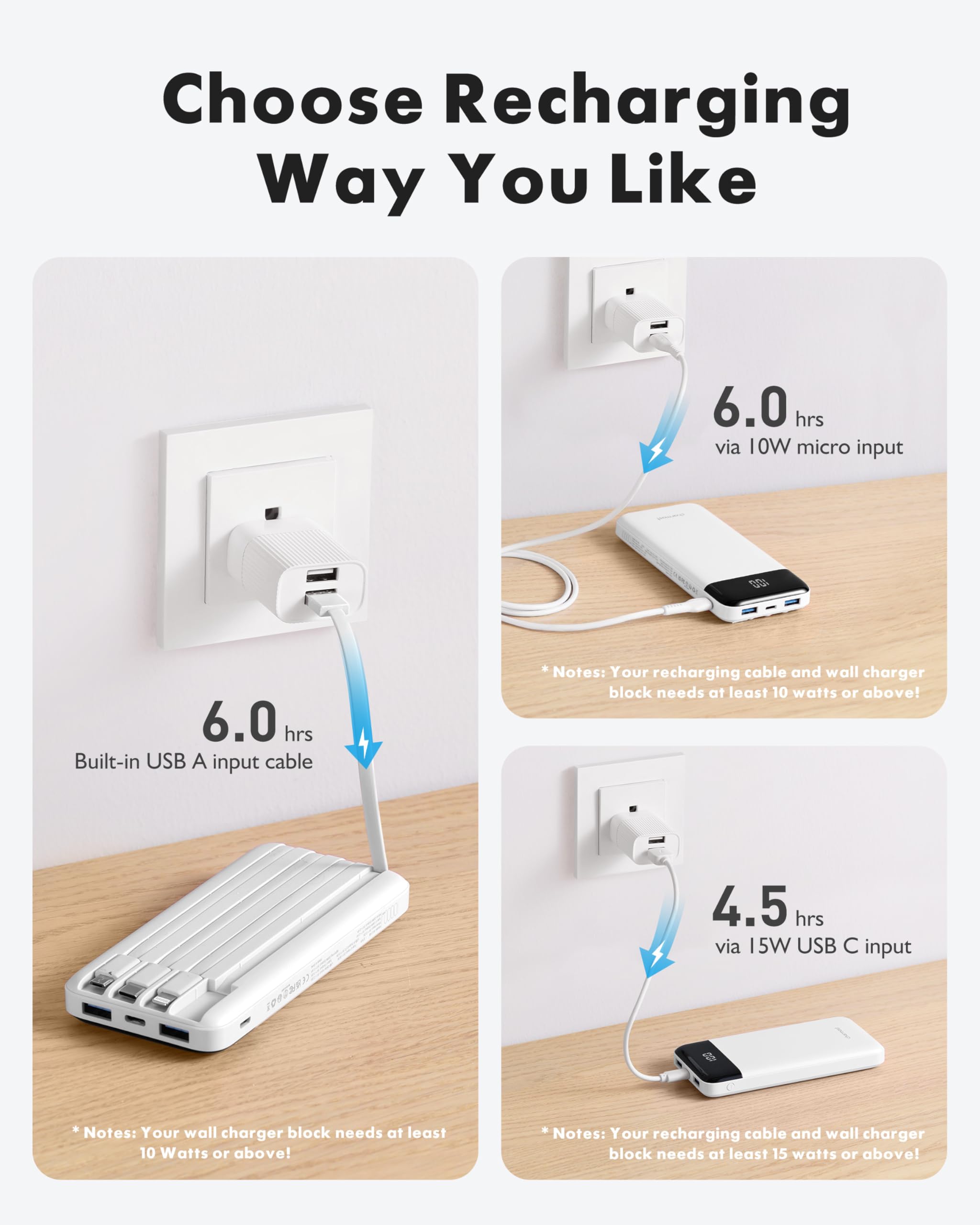 Recharge options include built-in cable, USB-C, or Micro-USB.
