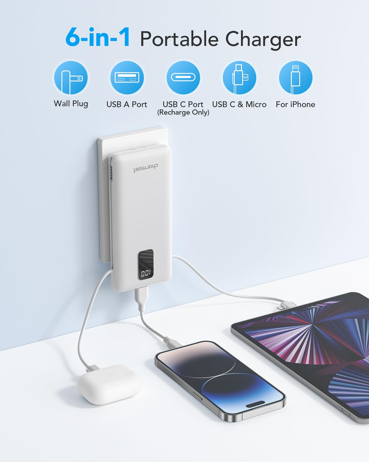 Charmast wall plug recharge feature recharging from any outlet.