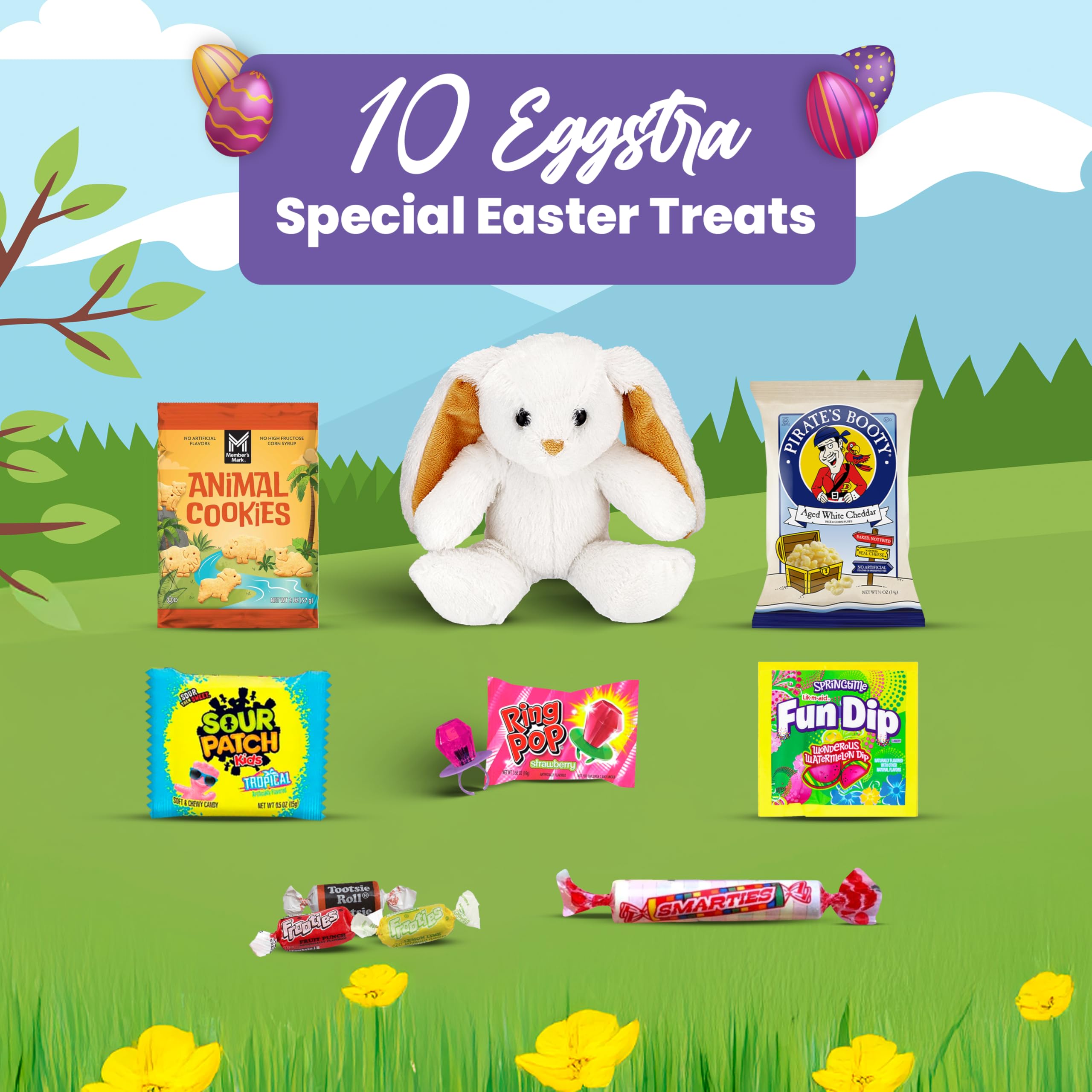 Charmed Crates Easter basket snacks spread highlighting kid favorites