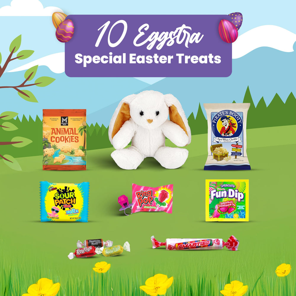 Charmed Crates Easter basket snacks spread highlighting kid favorites