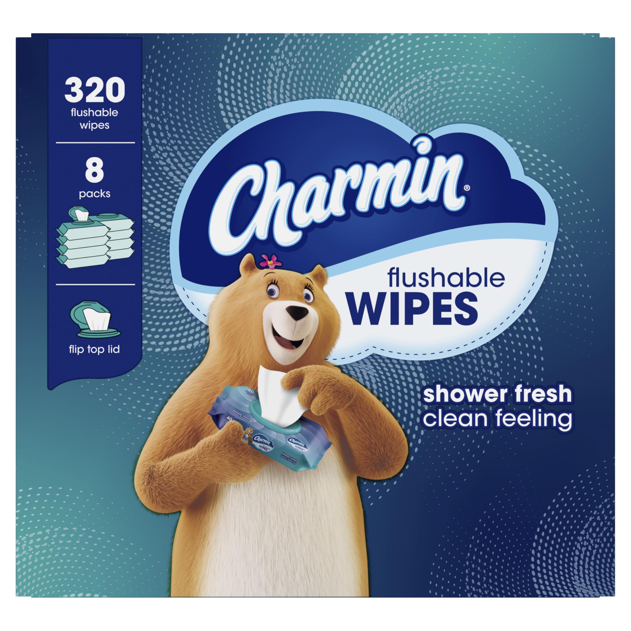 Charmin Flushable Wipes 8-pack, 40 sheets each, convenient daily cleanups.
