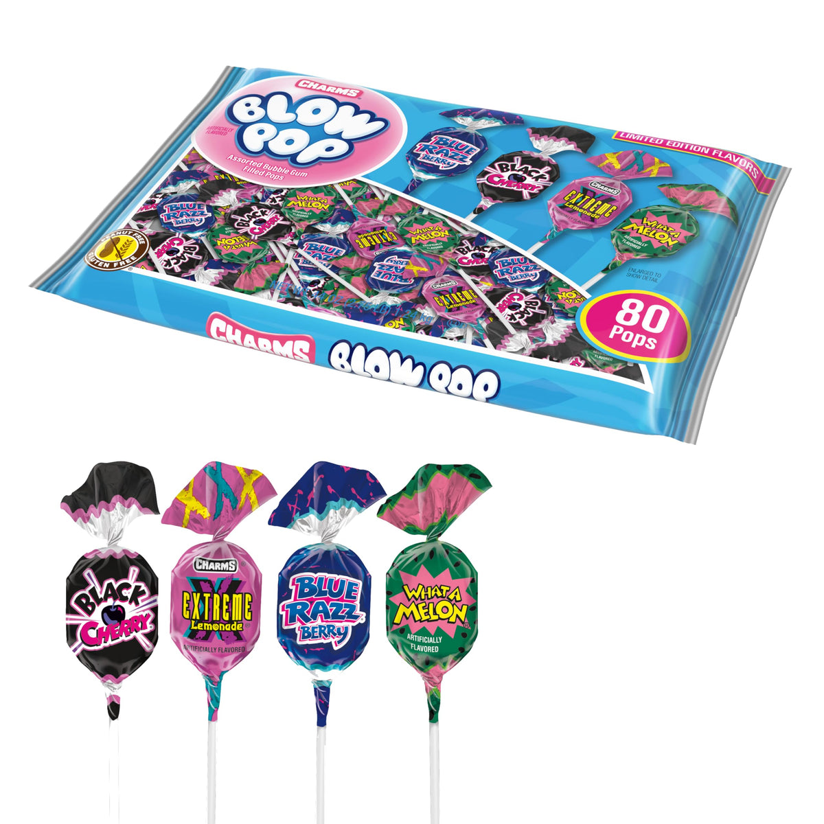 Charms Blow Pop shell with gum center shown, a two-in-one candy experience.