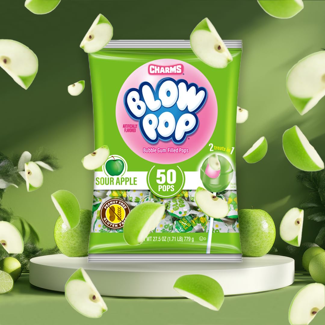 Charms Blow Pops green Sour Apple candy appeals to kids