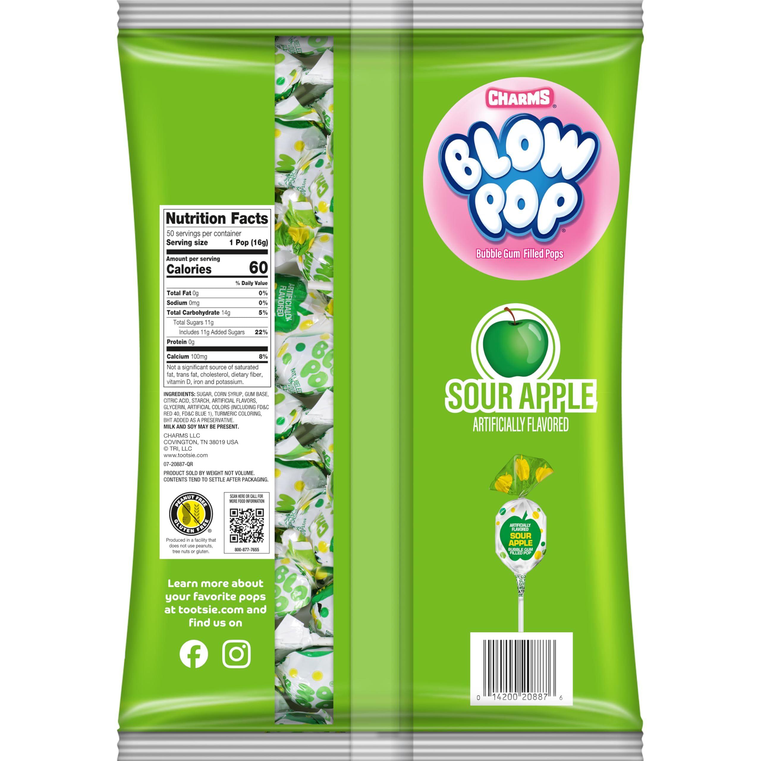 Charms Blow Pops Sour Apple center reveals bubble gum core for playful chewing