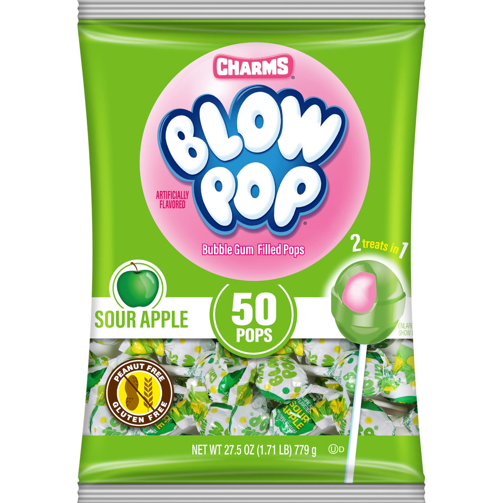 Charms Blow Pops Sour Apple shell with tangy flavor and bubble gum center