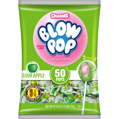 Charms Blow Pops Sour Apple shell with tangy flavor and bubble gum center
