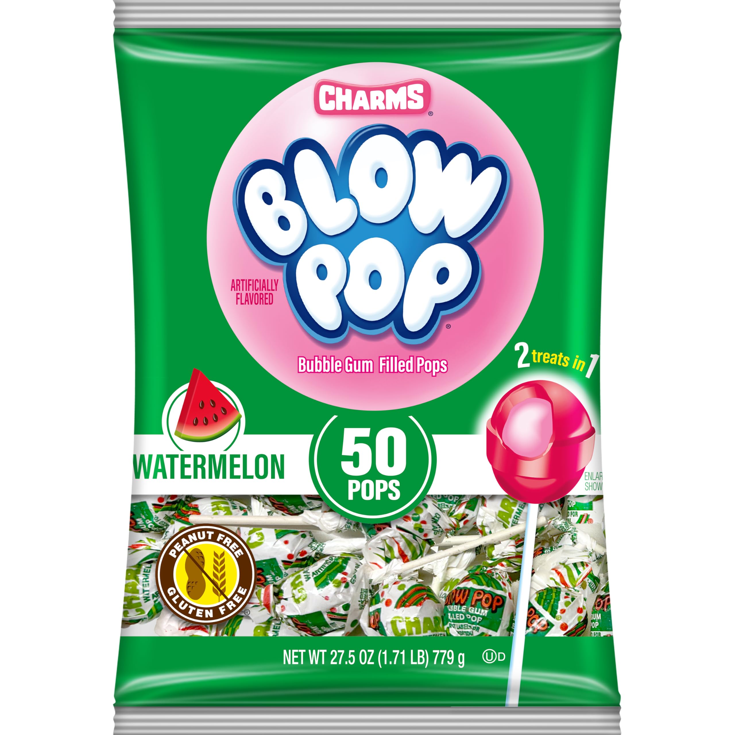 Charms Blow Pops Watermelon shell candy with a bubble gum center, a fruity treat suitable for gatherings.