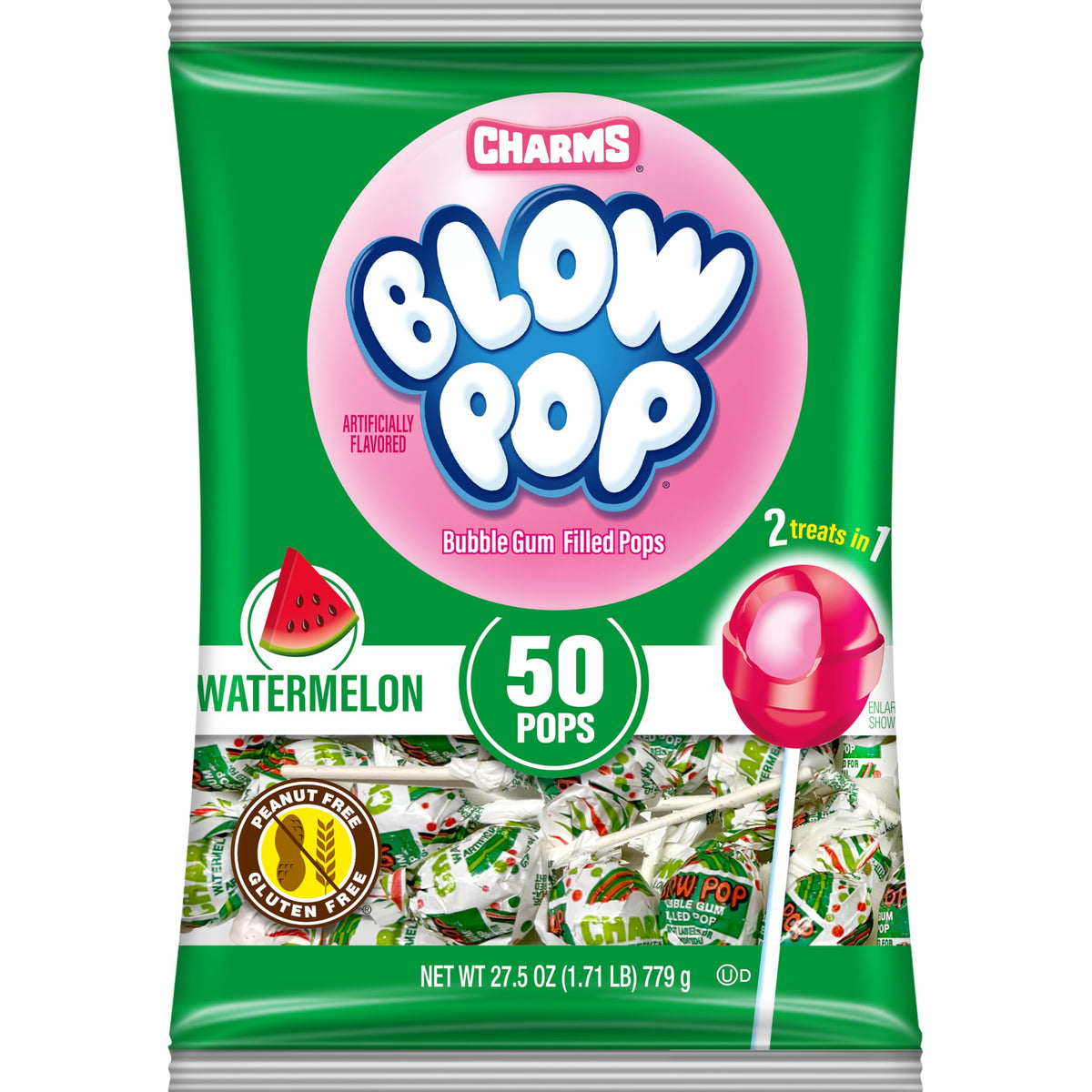 Charms Blow Pops Watermelon shell candy with a bubble gum center, a fruity treat suitable for gatherings.