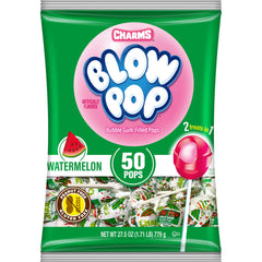 Charms Blow Pops Watermelon shell candy with a bubble gum center, a fruity treat suitable for gatherings.