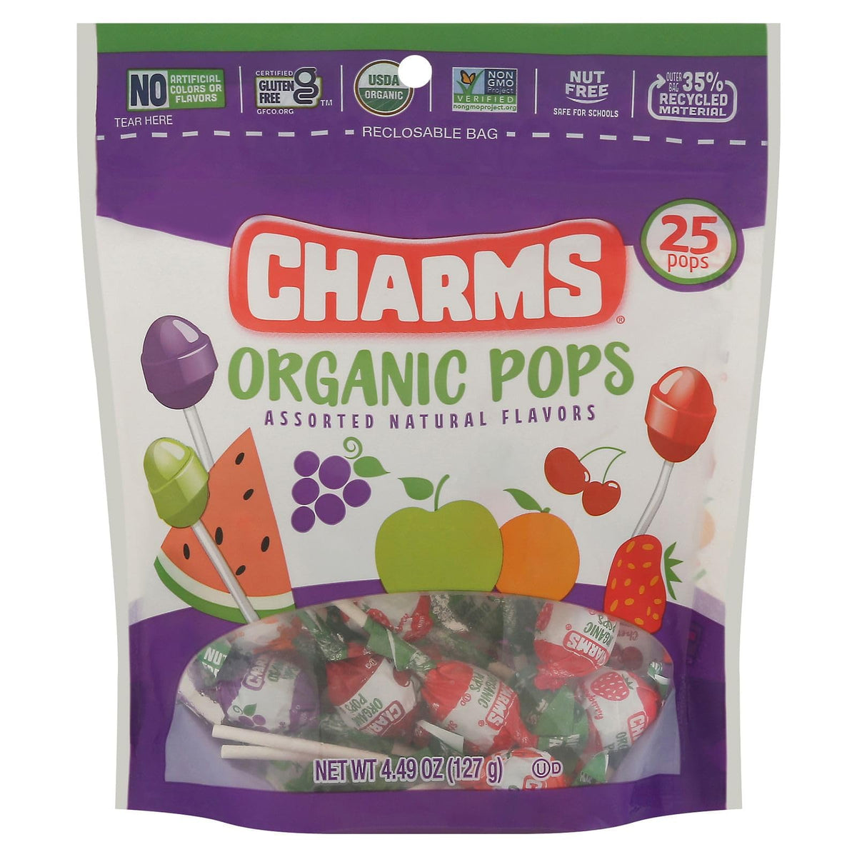 Charms Organic Pops assortment ready-to-enjoy, gluten-free and nut-free snack.