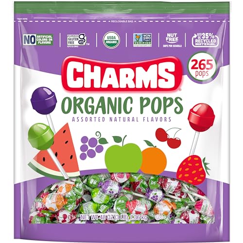 Charms Organic Pops orange flavor close-up—naturally sweetened with organic sugar.