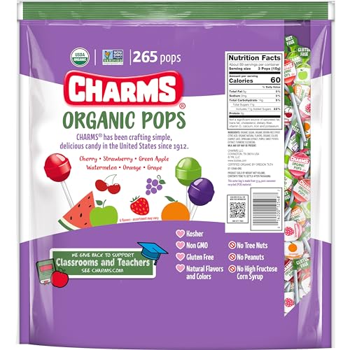 Charms Organic Pops strawberry flavor close-up—natural flavors for guilt-free treat.
