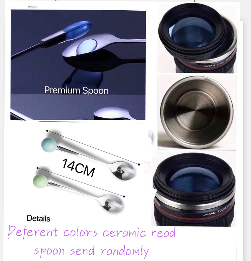 Chasing Y camera lens mug outer finish with premium stainless steel interior for temperature control.