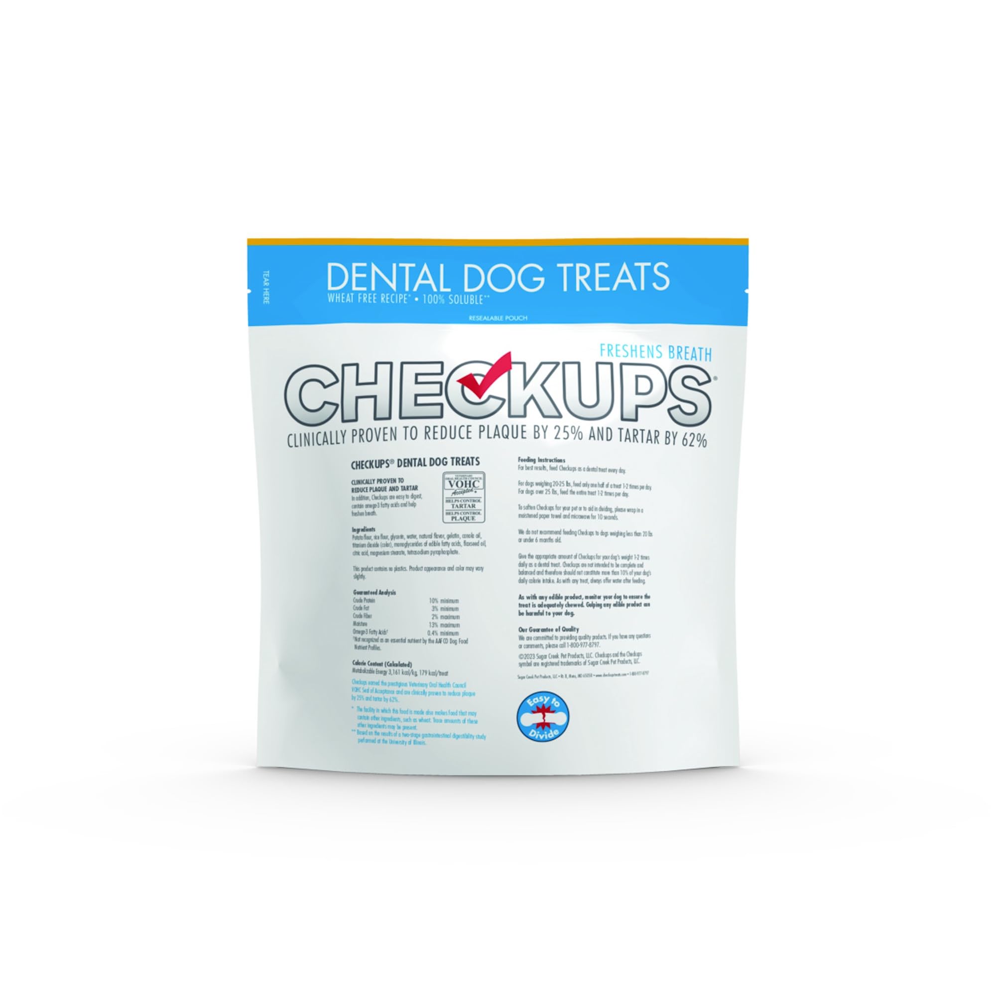 Open Checkups Dental Dog Treats package showing texture for dental care routines.