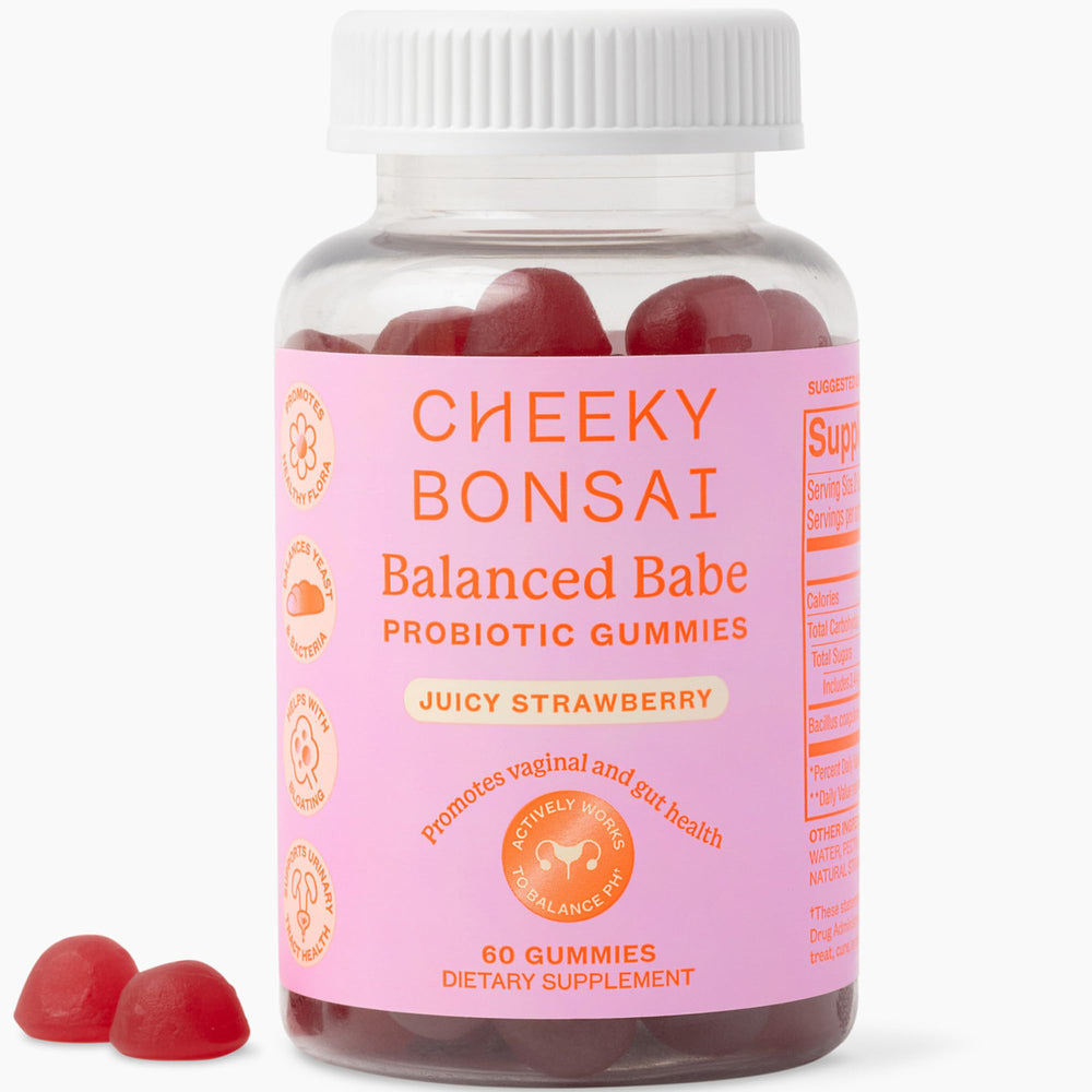 Cheeky Bonsai bottle closeup shows a tasty probiotic gummy for daily balance.