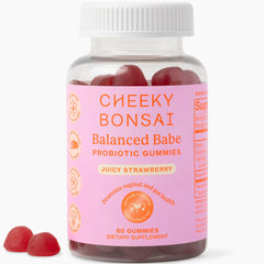 Cheeky Bonsai bottle closeup shows a tasty probiotic gummy for daily balance.