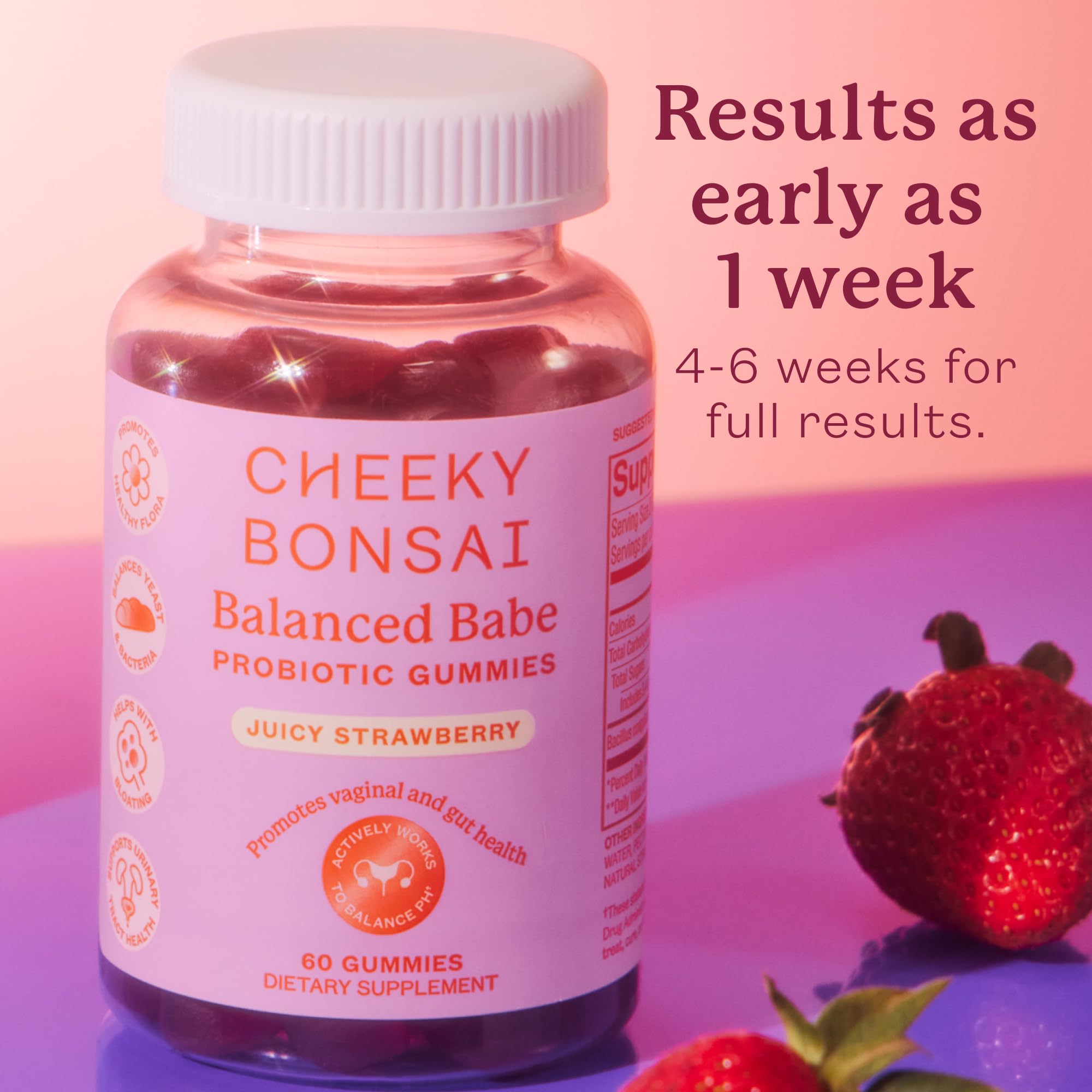 Cheeky Bonsai juicy strawberry flavor gummy closeup emphasizes plant-based, probiotic formula.
