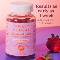 Cheeky Bonsai juicy strawberry flavor gummy closeup emphasizes plant-based, probiotic formula.