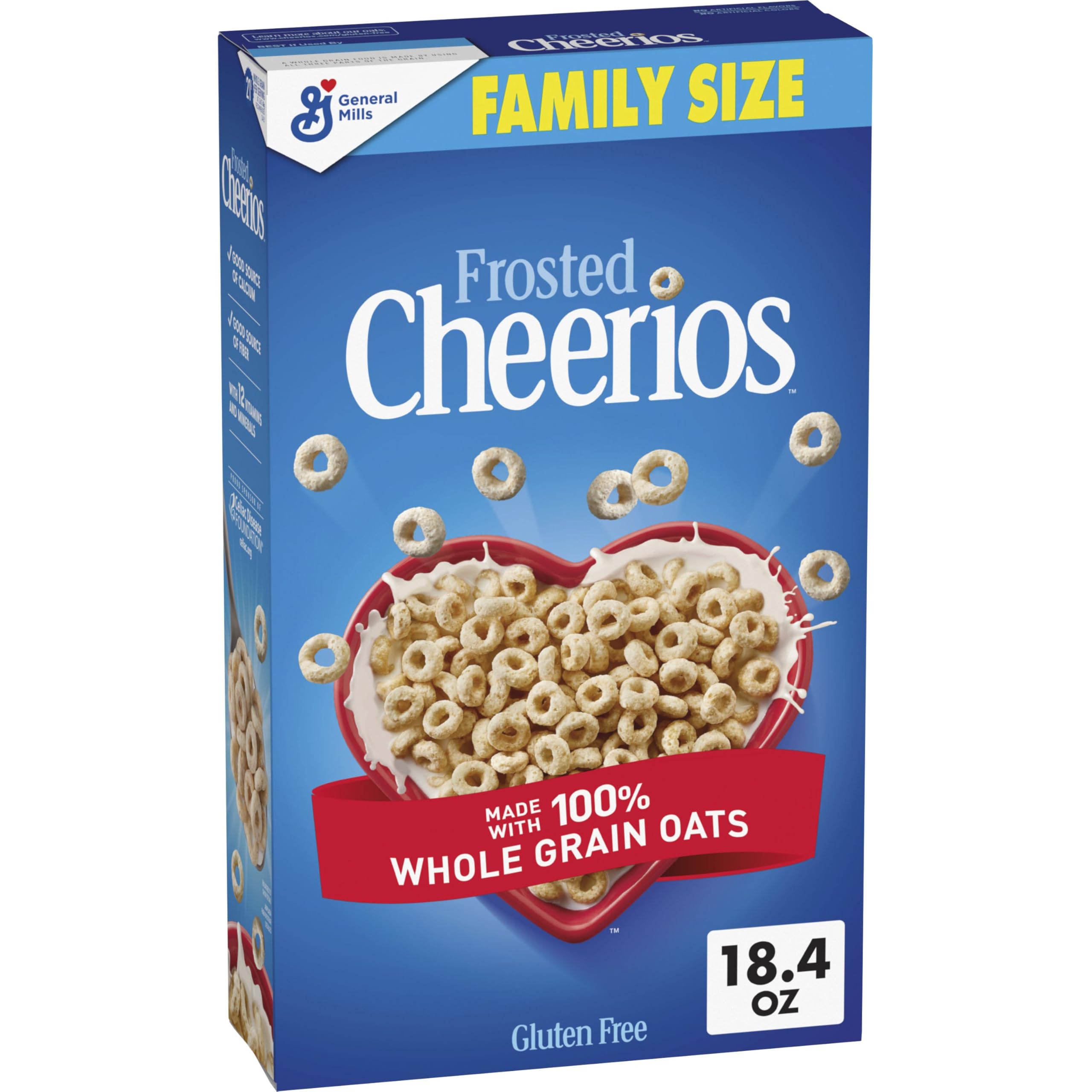 Cheerios Frosted bowl with milk showing crunchy whole grain oats and fiber.