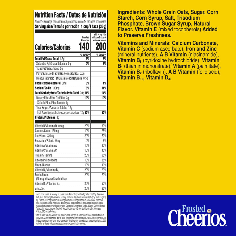 Cheerios Frosted family-size box on kitchen shelf, ideal for quick breakfasts.