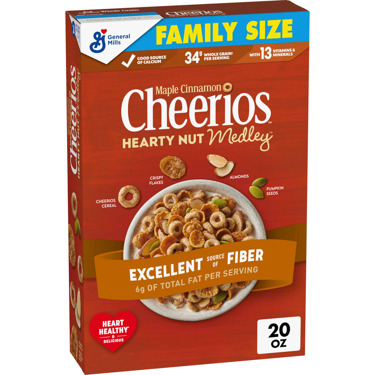 Cheerios Hearty Nut Medley maple cinnamon bowl with milk for a satisfying breakfast.