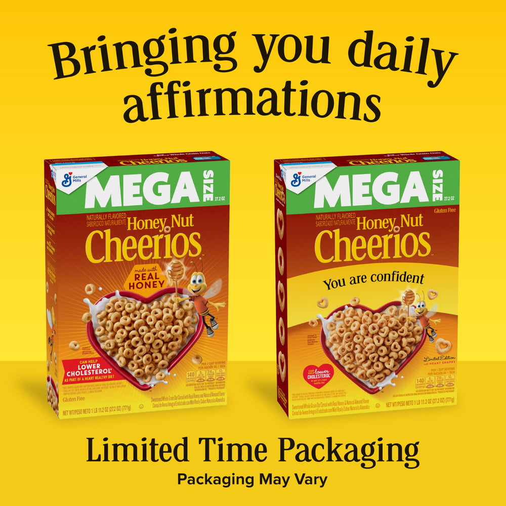 Affirmations visible on Cheerios Honey Nut box to brighten morning.