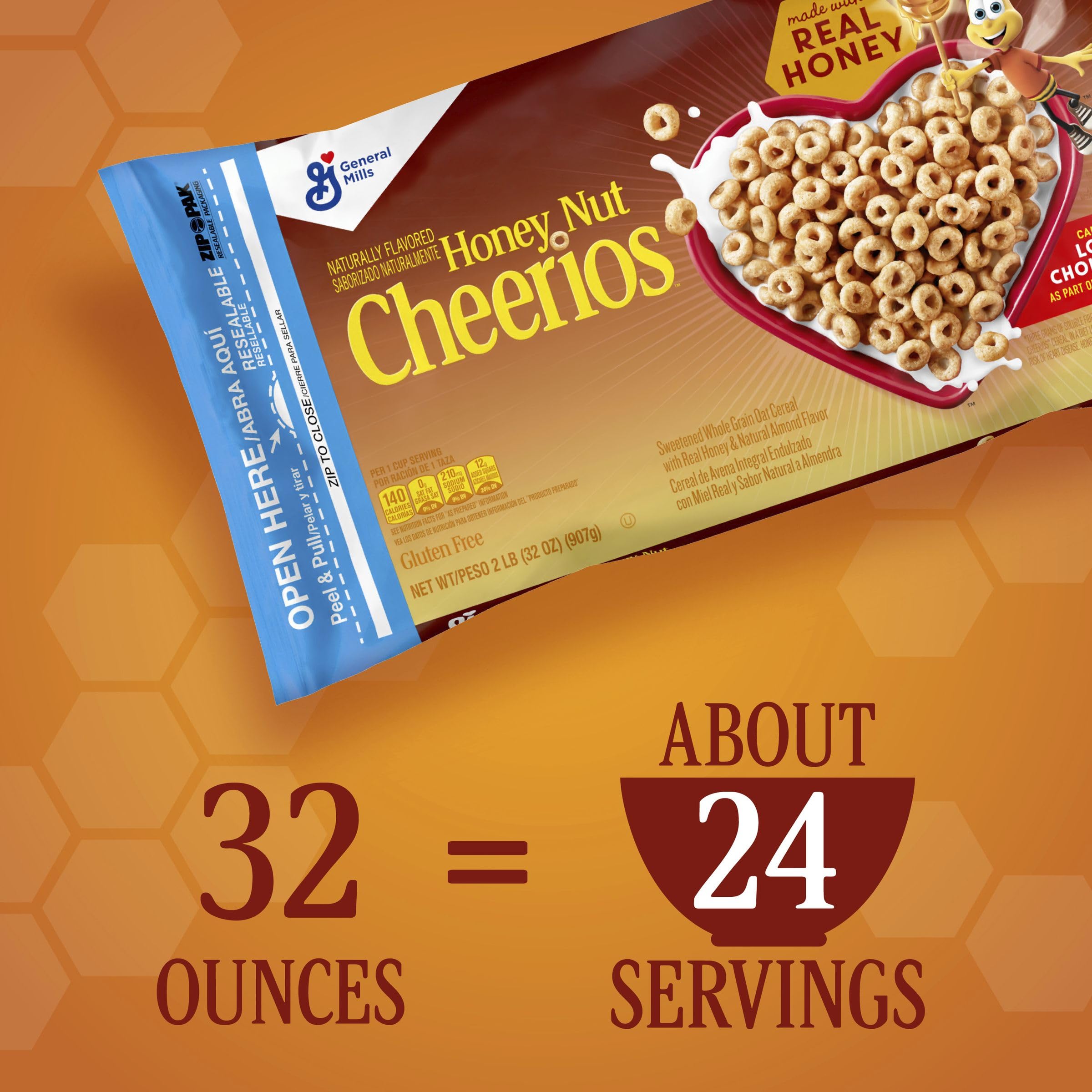 Closeup of Cheerios Honey Nut cereal spoonful with honey and almond flavors
