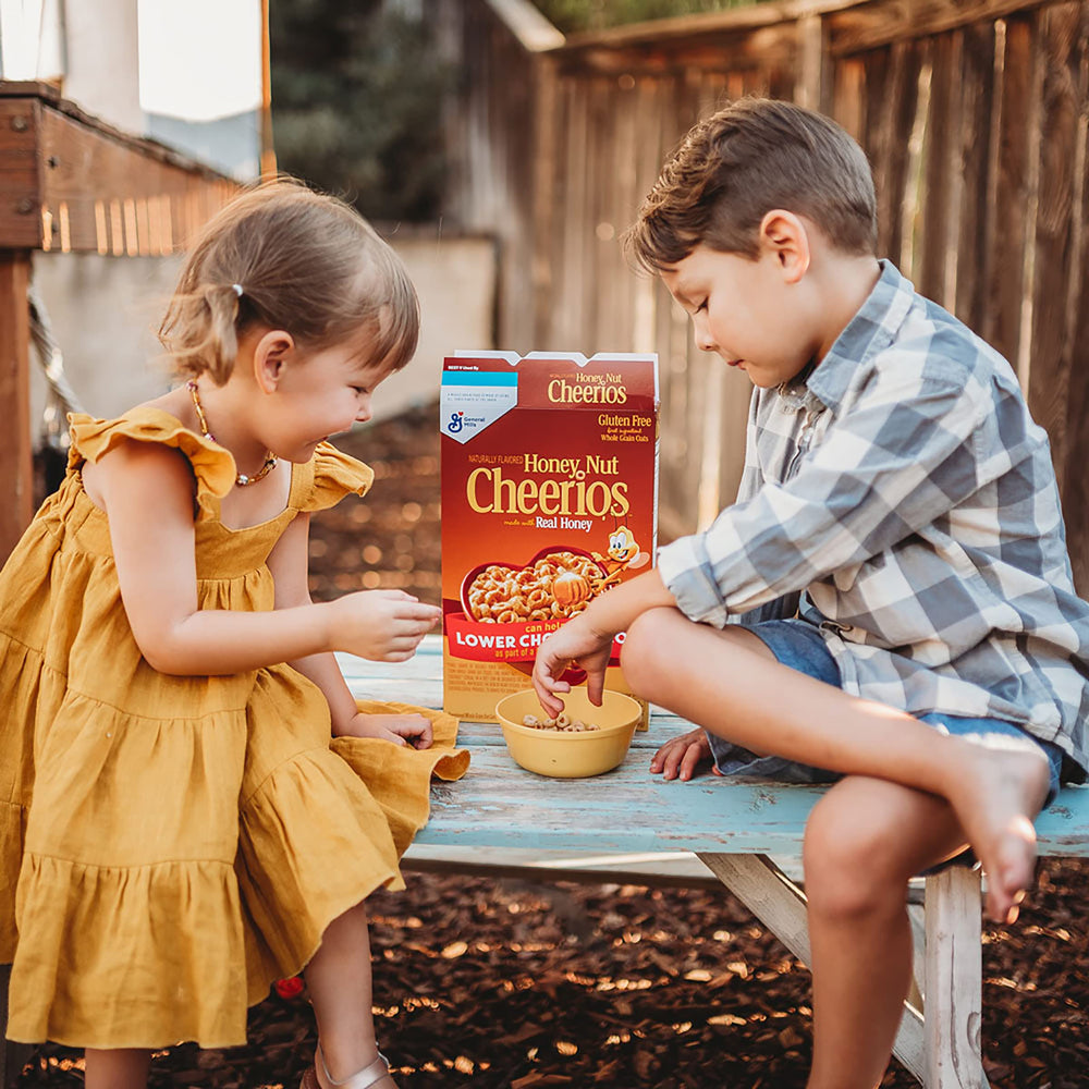 Cheerios Honey Nut cereal cup served at a family breakfast table