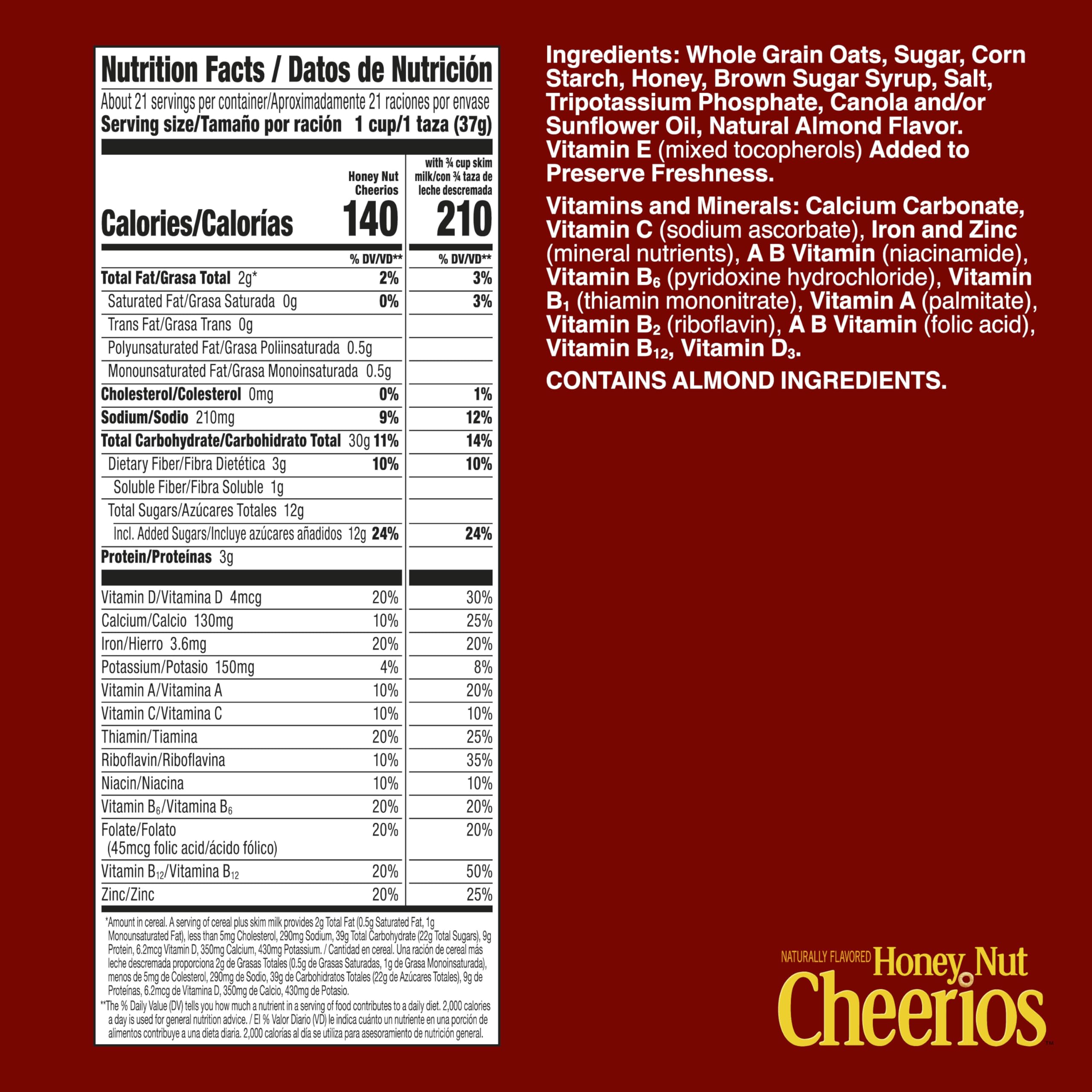 Cheerios Honey Nut Cereal heart-shaped Os in a bowl deliver honey almond flavor.