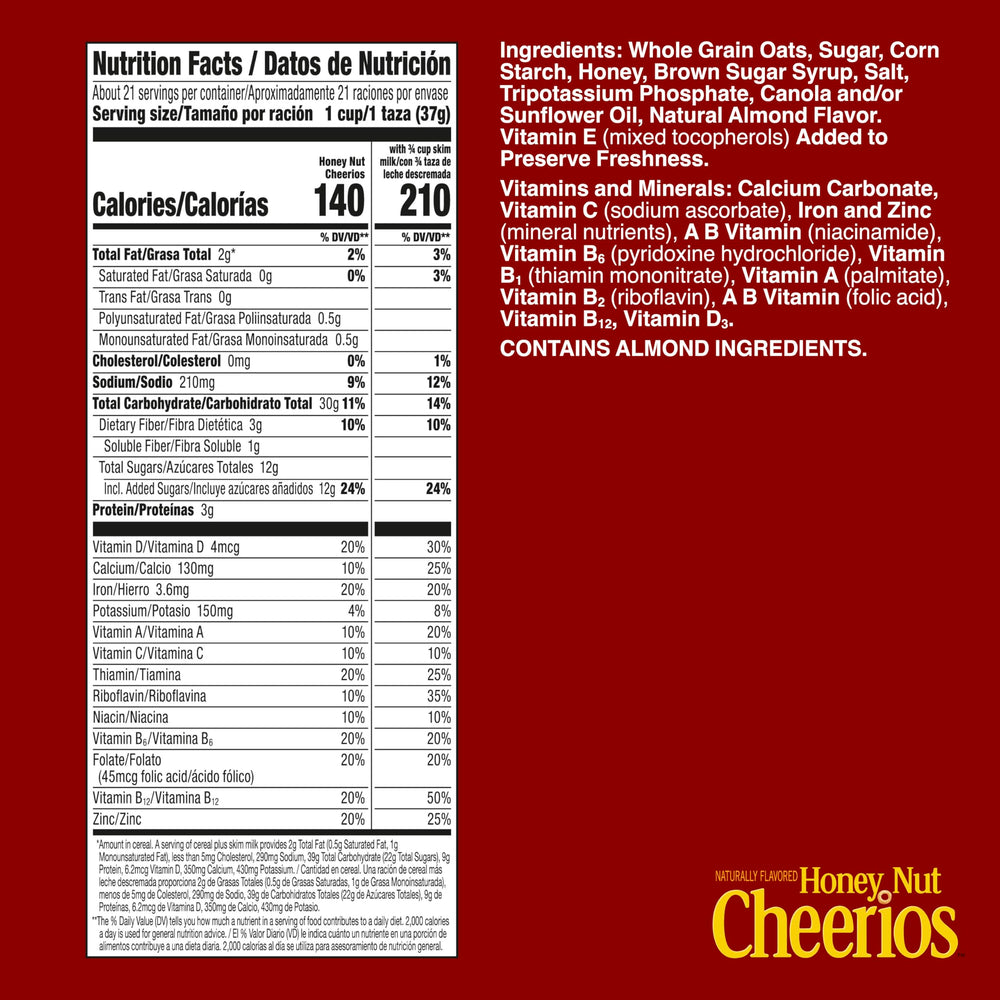 Cheerios Honey Nut Cereal heart-shaped Os in a bowl deliver honey almond flavor.