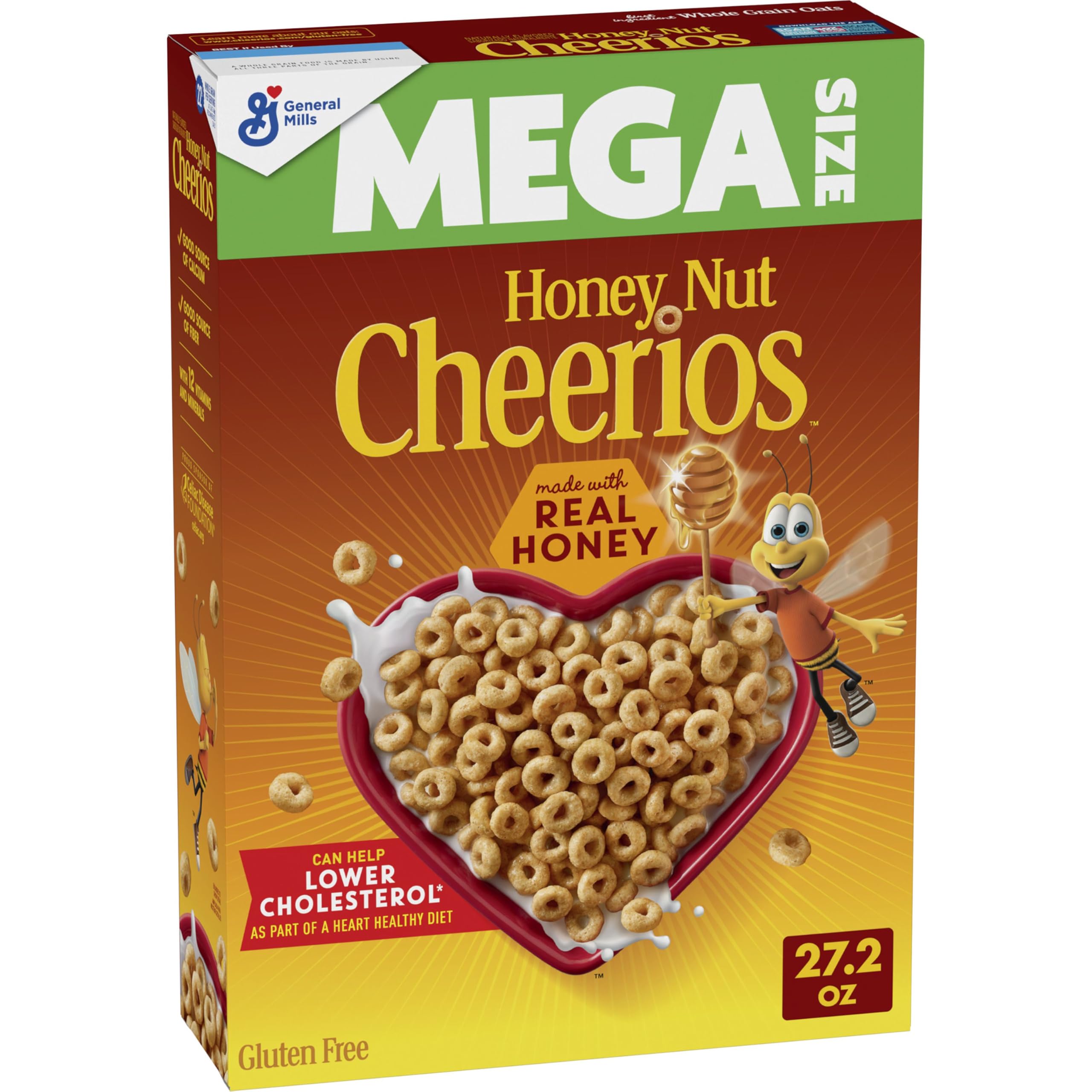 Cheerios Honey Nut Heart Shapes box with affirmations for a cheerful gluten-free breakfast.