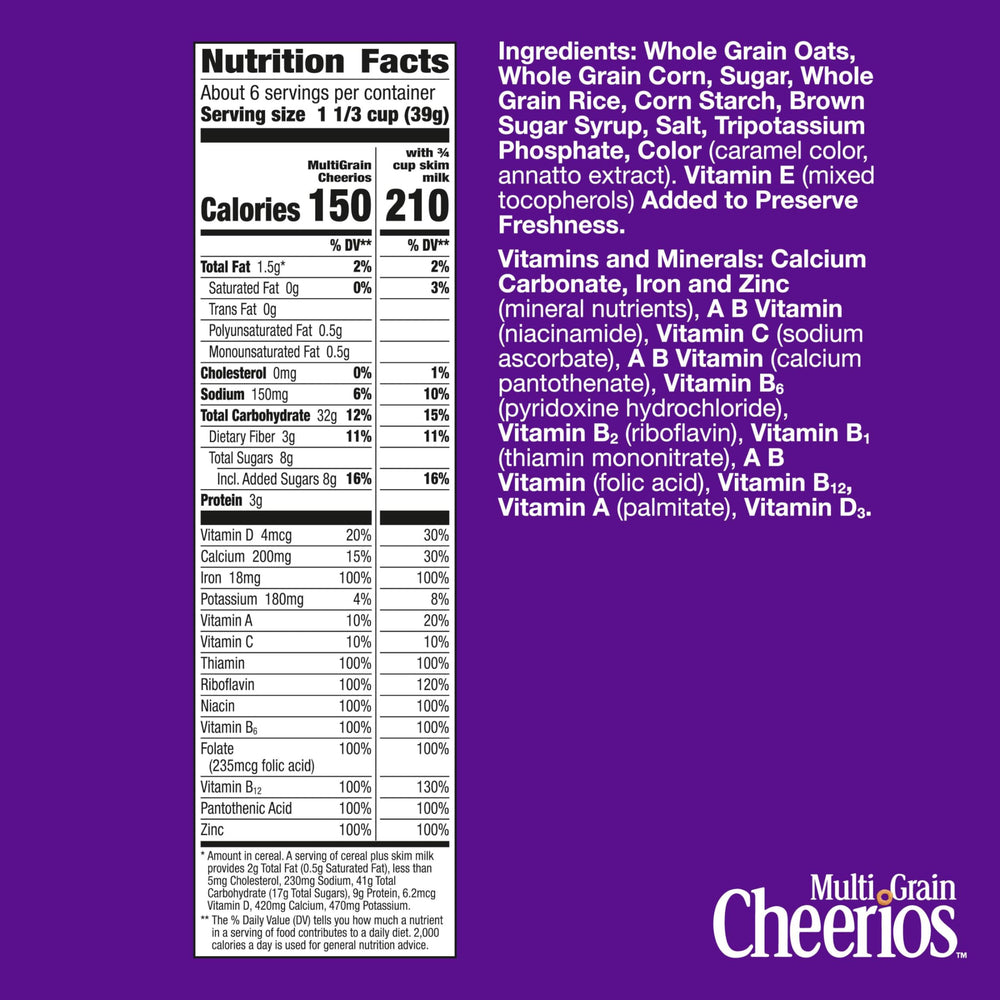 Cheerios Multi Grain bowl with milk, a calcium and fiber rich breakfast.