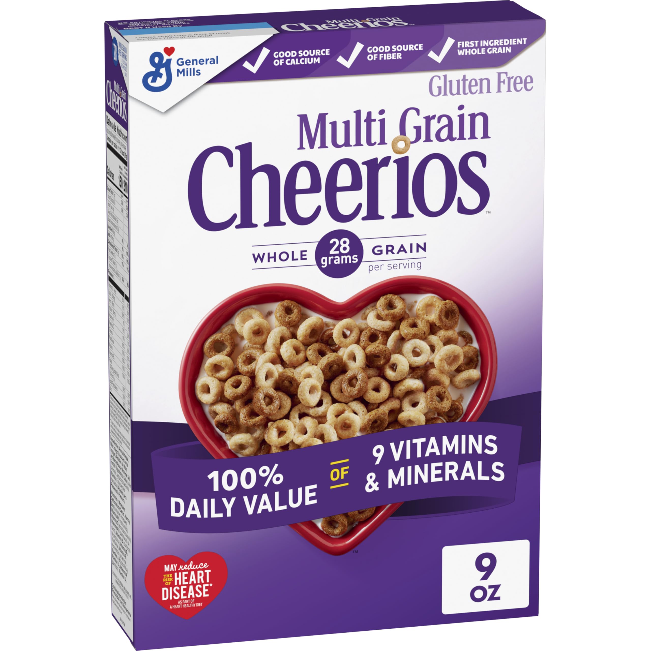 Cheerios Multi Grain box front shows gluten-free claim and whole grain branding for a wholesome breakfast.