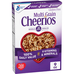 Cheerios Multi Grain box front shows gluten-free claim and whole grain branding for a wholesome breakfast.