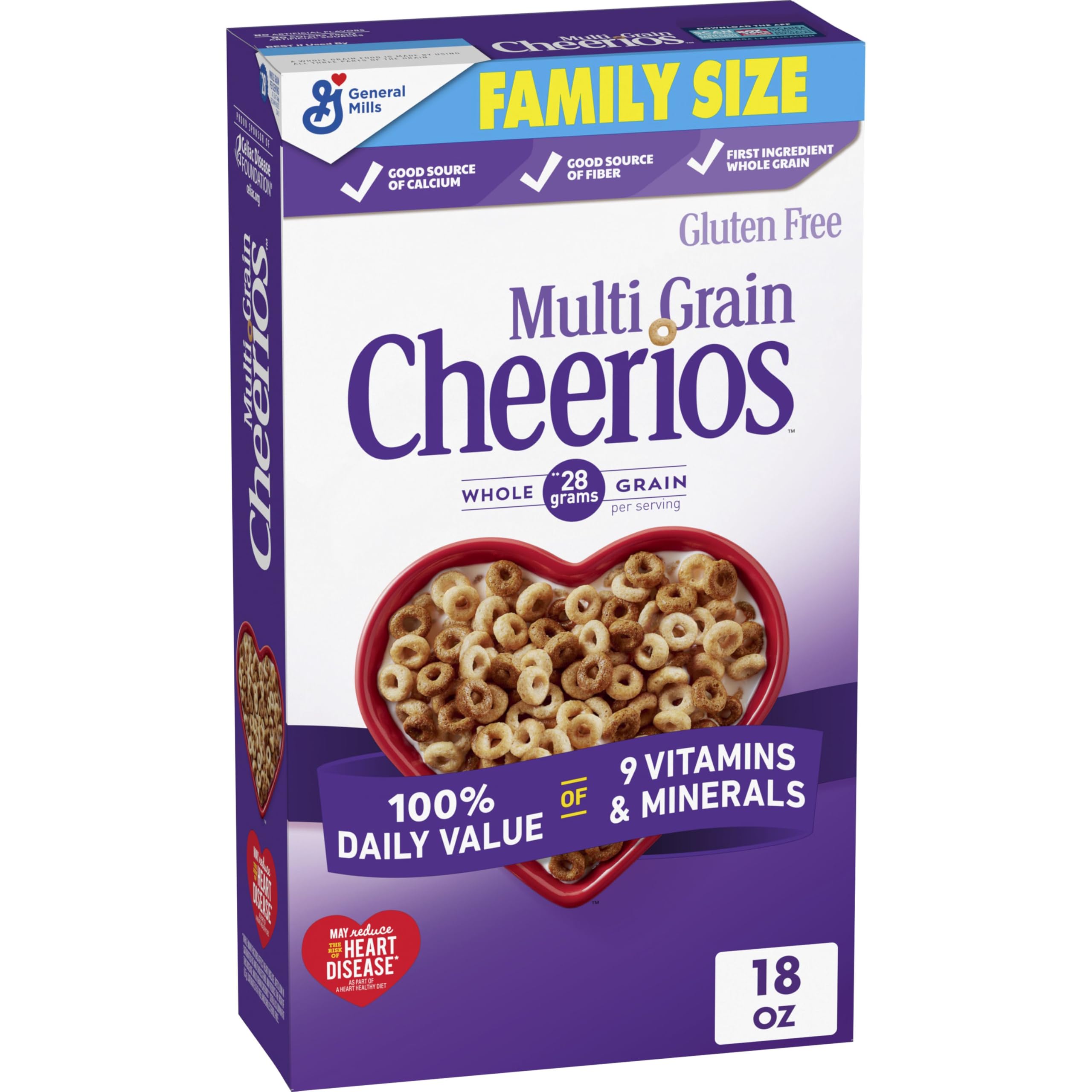 Cheerios Multi Grain cereal box front highlighting gluten free option