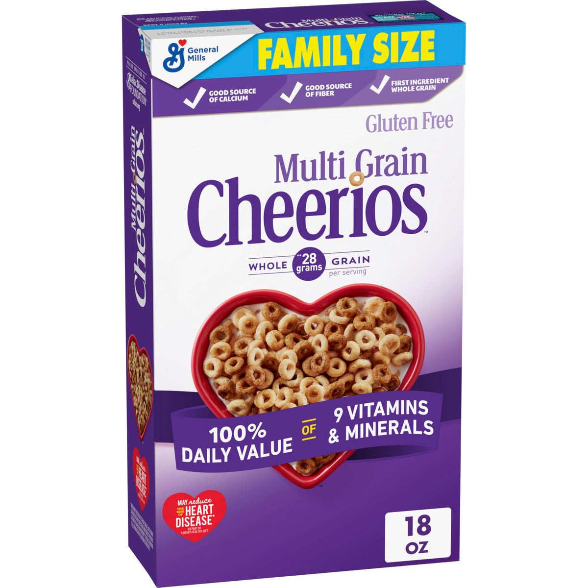 Cheerios Multi Grain cereal box front highlighting gluten free option