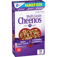 Cheerios Multi Grain cereal box front highlighting gluten free option