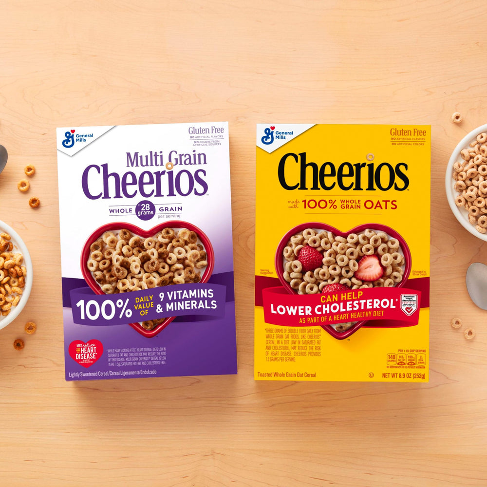 Cheerios Multi Grain heart health emblem on the box label.
