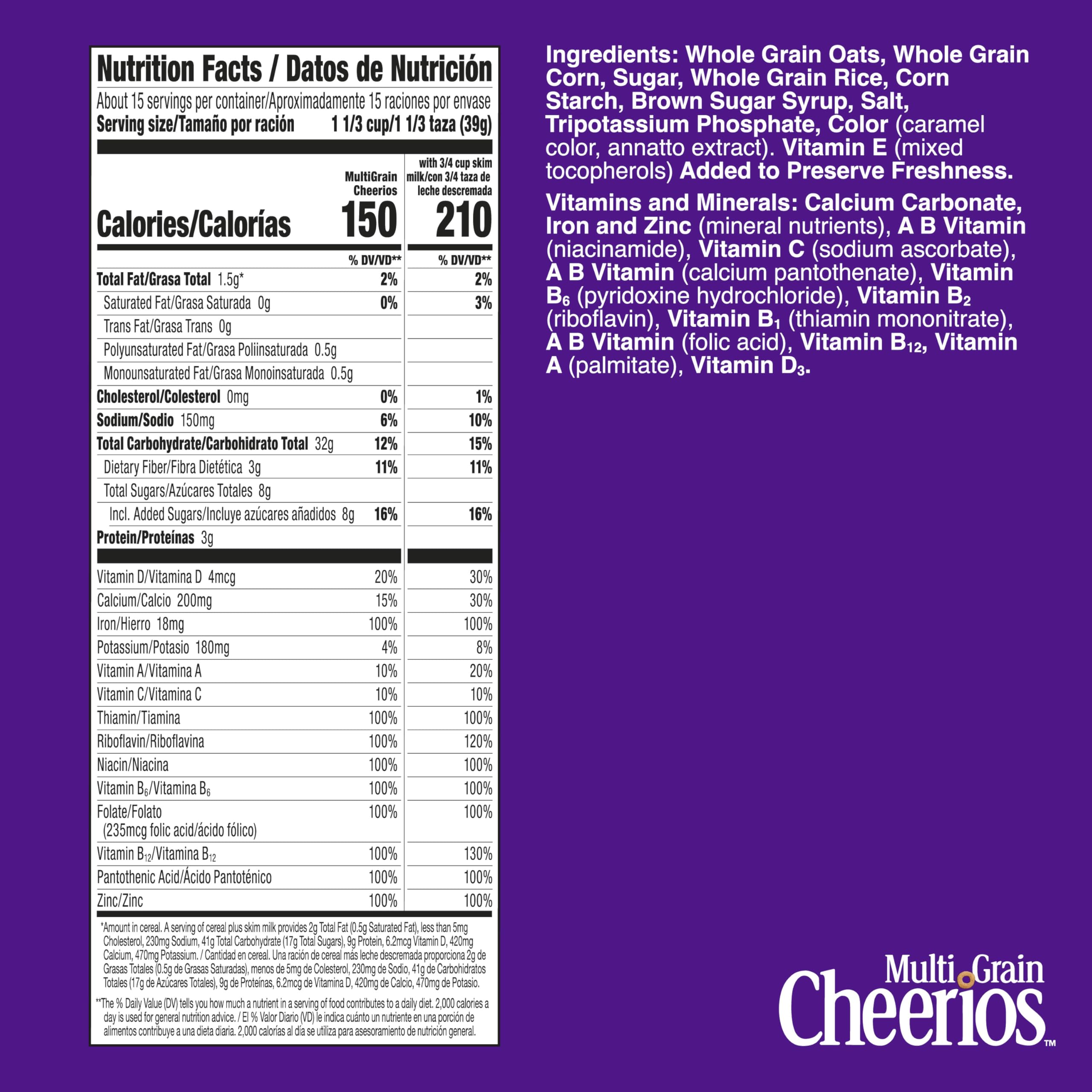 Close-up of Cheerios Multi Grain ingredients highlighting 28g whole grain per serving.