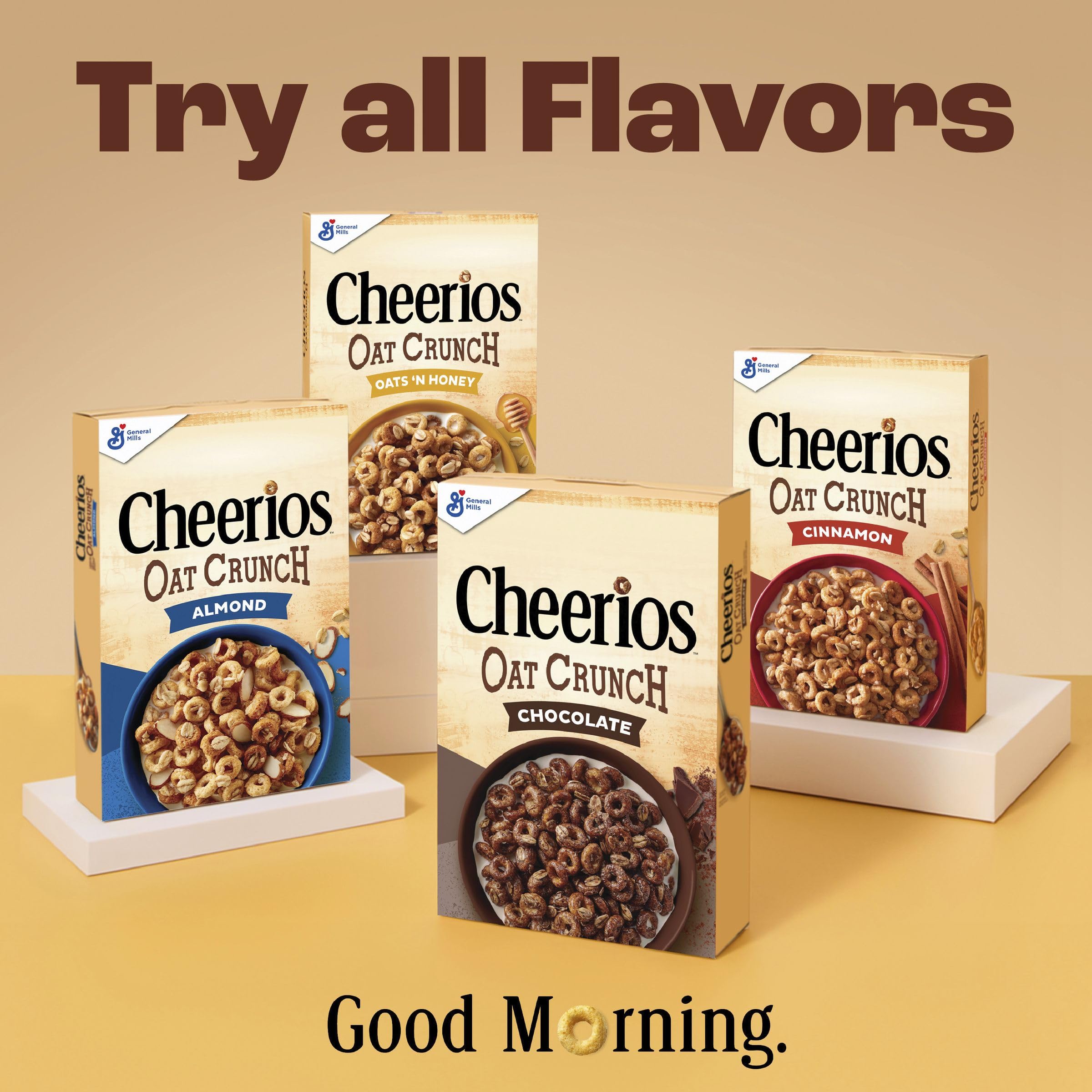 Cheerios Oat Crunch Cinnamon family-size box on the kitchen counter