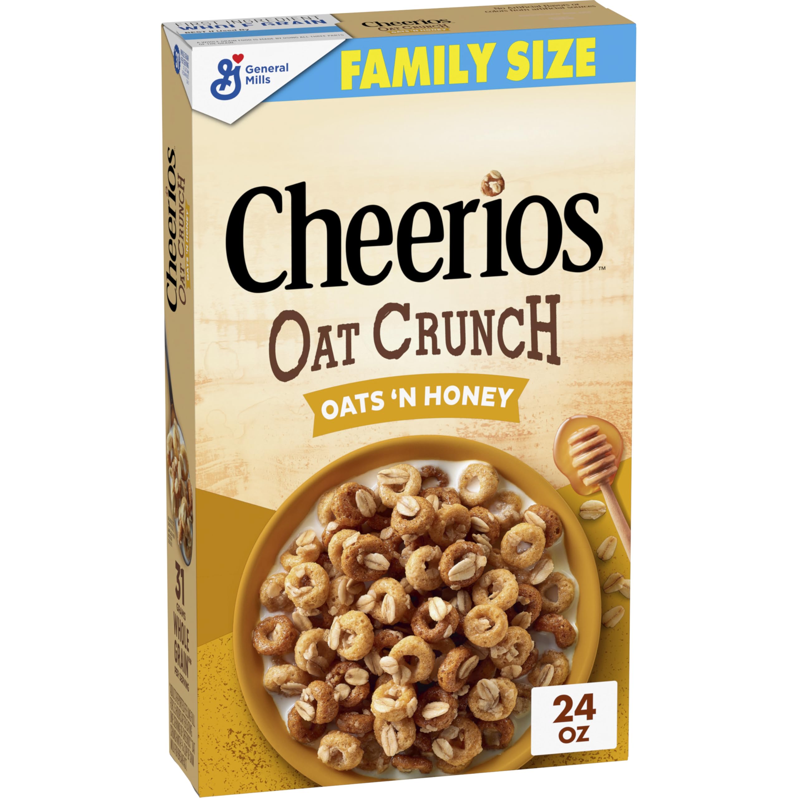 Cheerios Oat Crunch Oats N Honey box front highlights whole grain oats for breakfast