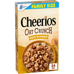Cheerios Oat Crunch Oats N Honey box front highlights whole grain oats for breakfast
