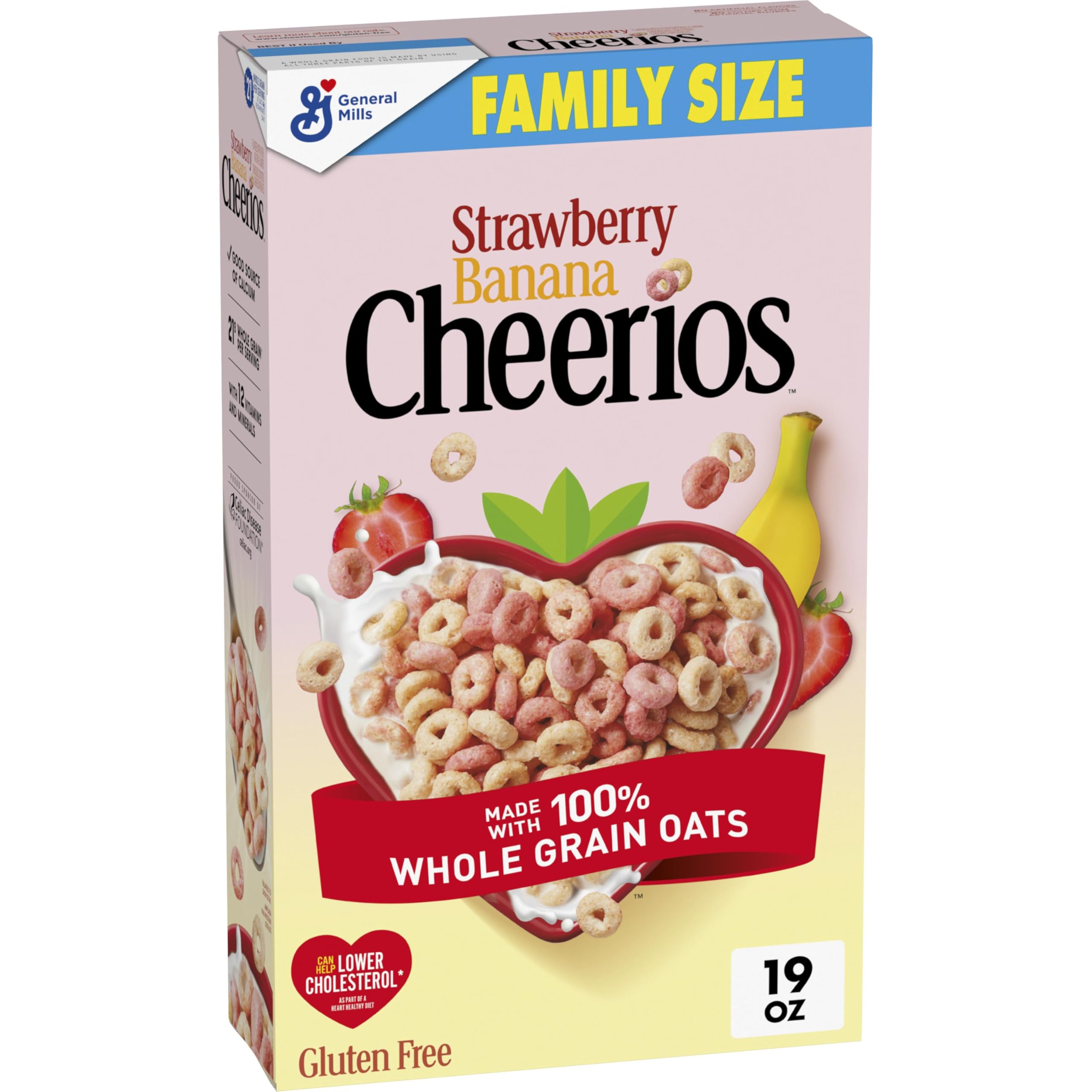 Cheerios strawberry-banana-bowl shows fiber-rich breakfast with real fruit purée.