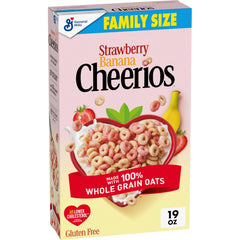 Cheerios strawberry-banana-bowl shows fiber-rich breakfast with real fruit purée.