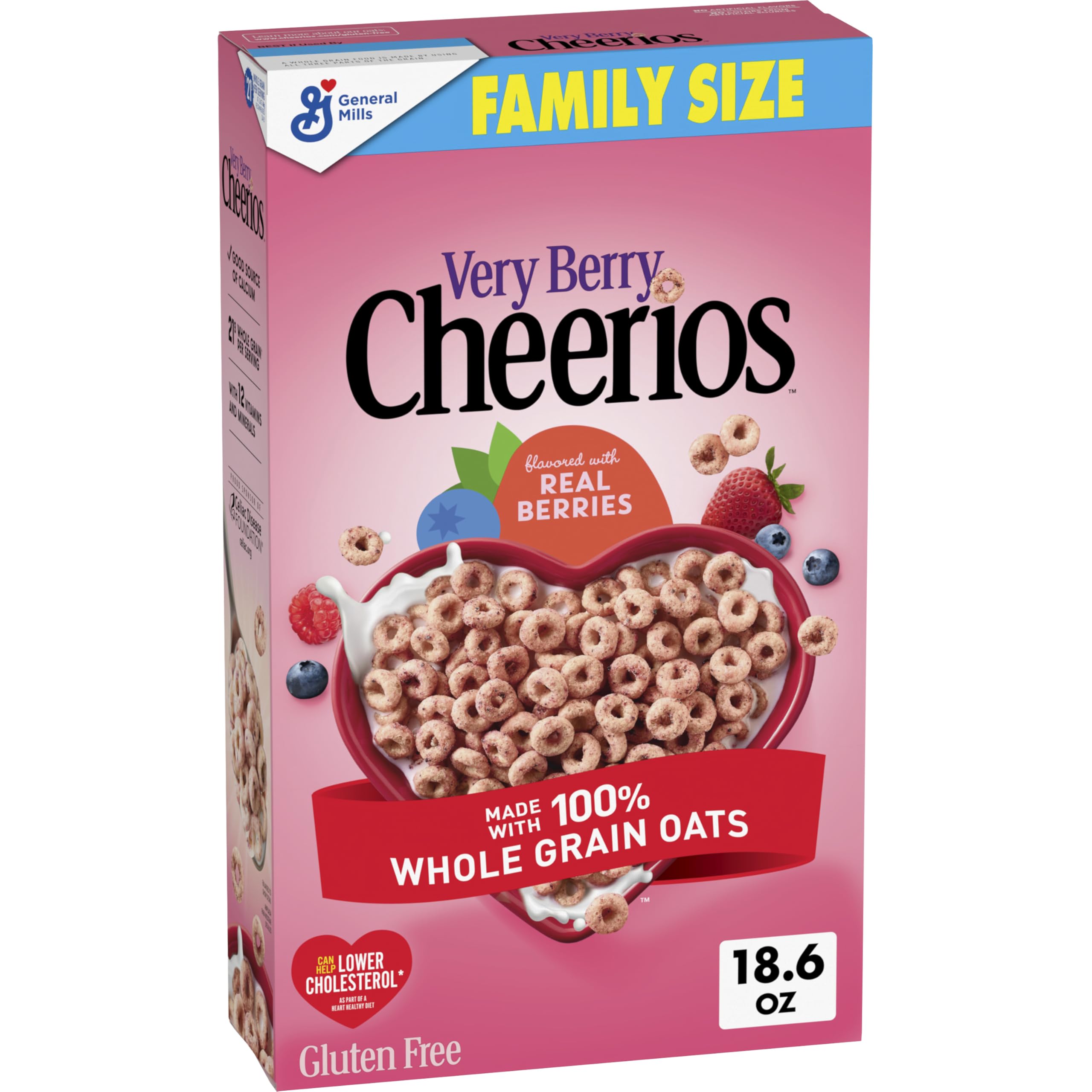 Cheerios Very Berry in a bowl with milk, fruity flavor and whole grain goodness.