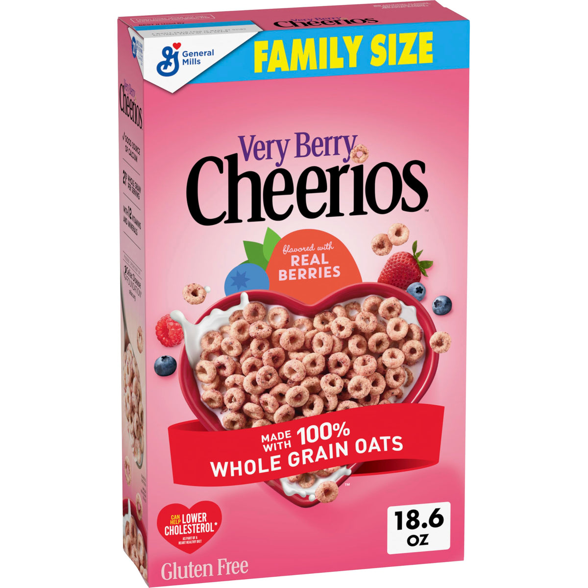 Cheerios Very Berry in a bowl with milk, fruity flavor and whole grain goodness.
