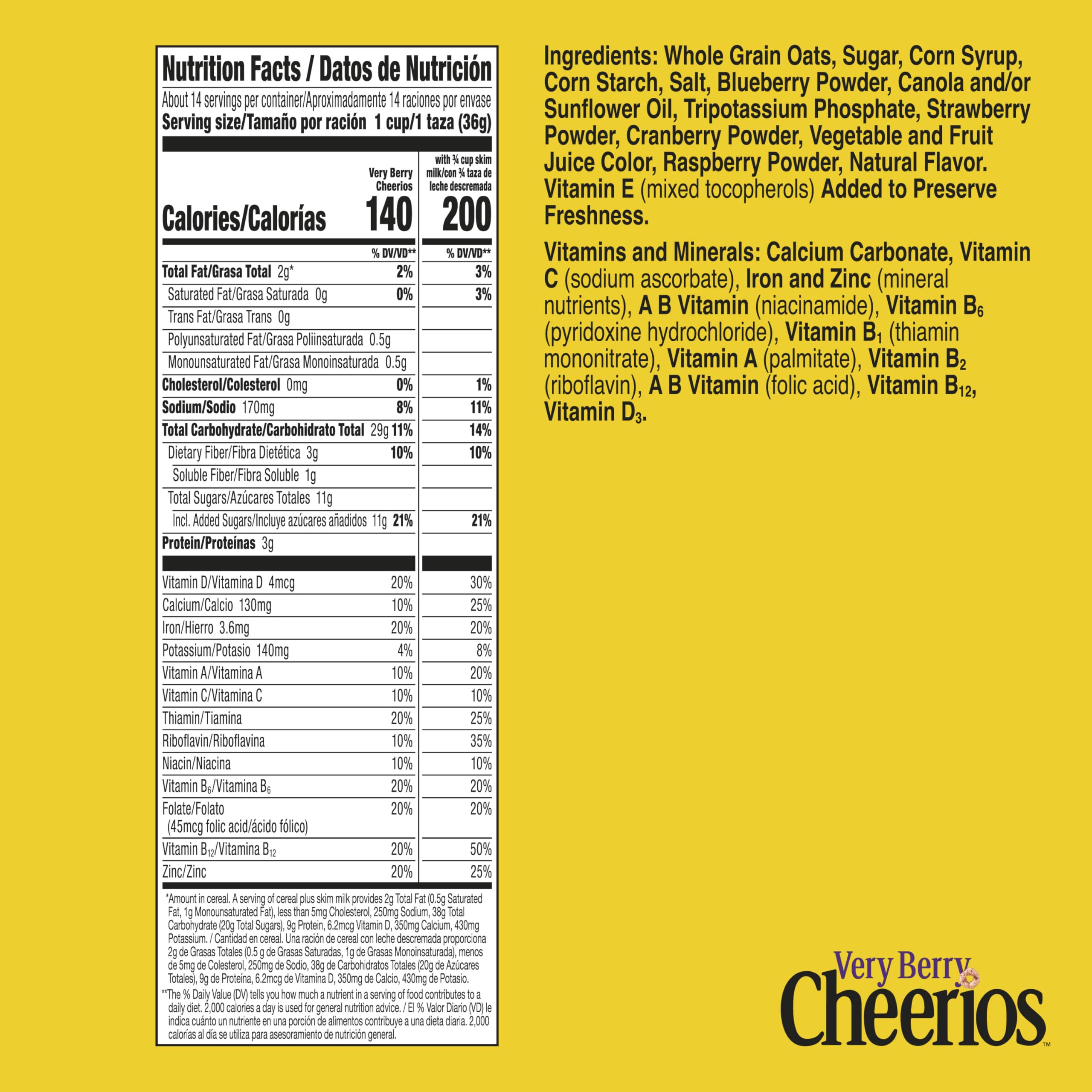 Cheerios Very Berry packaging box on shelf, gluten-free breakfast option for the family.